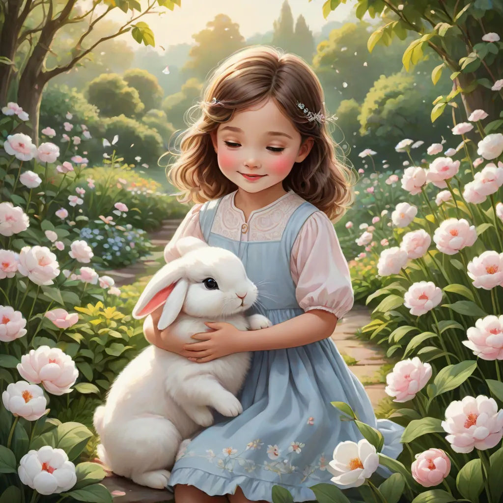 a painting of a little girl holding a bunny in a garden of flowers and roses with a path leading to the park, fantasy art, a detailed painting, Alice Prin, detailed painting