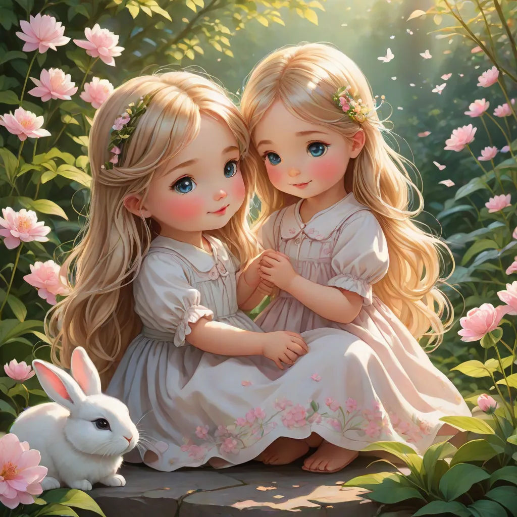 two little girls sitting next to each other in a field of flowers and a bunny rabbit in front of them, fantasy art, a detailed painting, Alice Prin, anime art