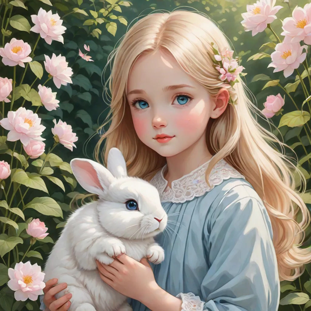 a painting of a girl holding a white rabbit in a field of flowers with pink roses in the background, fantasy art, a detailed painting, Alice Prin, anime art