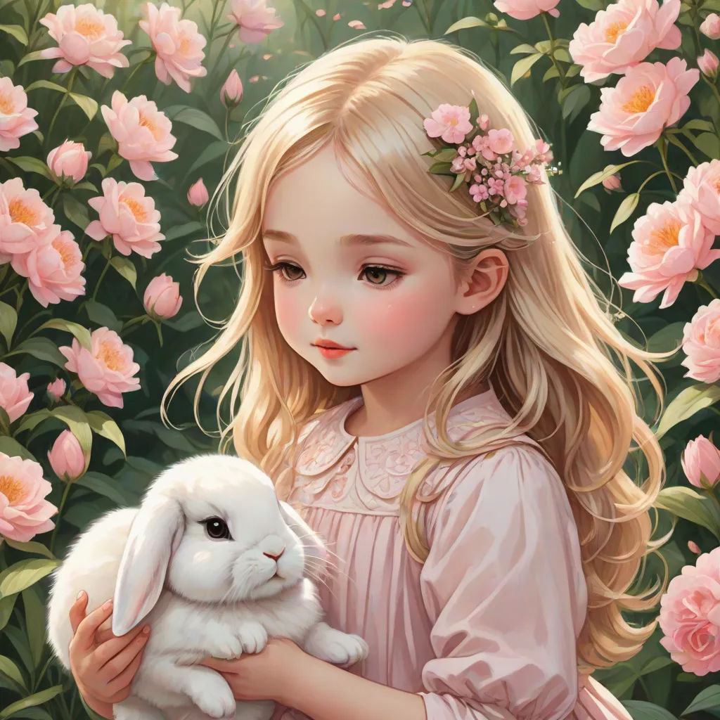a painting of a little girl holding a bunny in a field of roses with pink flowers in the background, fantasy art, a detailed painting, Alice Prin, anime art