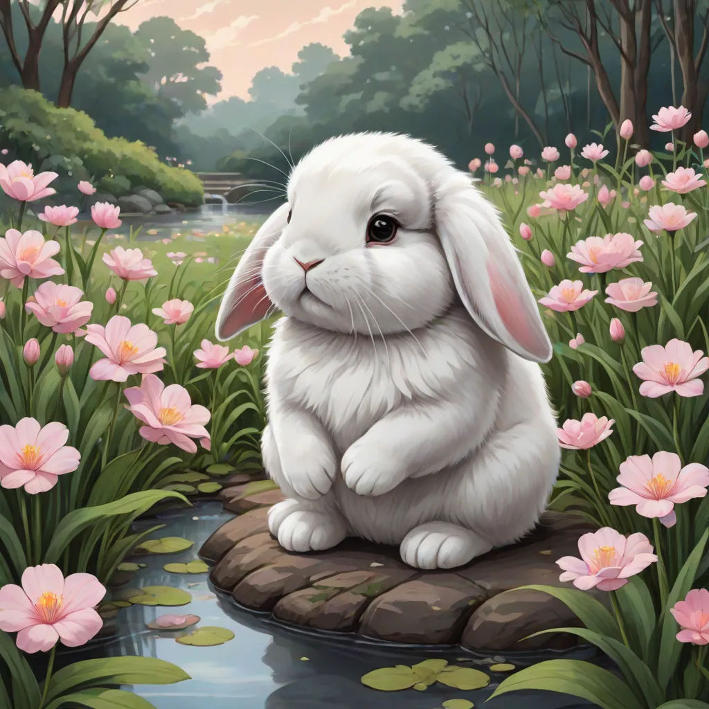 a white rabbit sitting on a rock in a field of flowers and water lilies with a stream running through it, furry art, a fine art painting, Beatrix Potter, cute