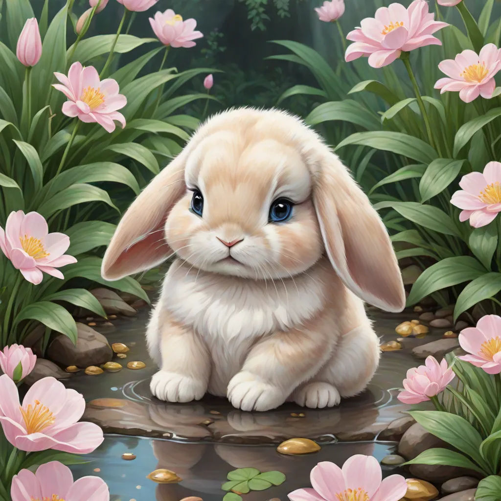 a painting of a bunny sitting in a pond of water surrounded by pink flowers and green leaves and rocks, furry art, a detailed painting, Beatrix Potter, highly detailed digital painting