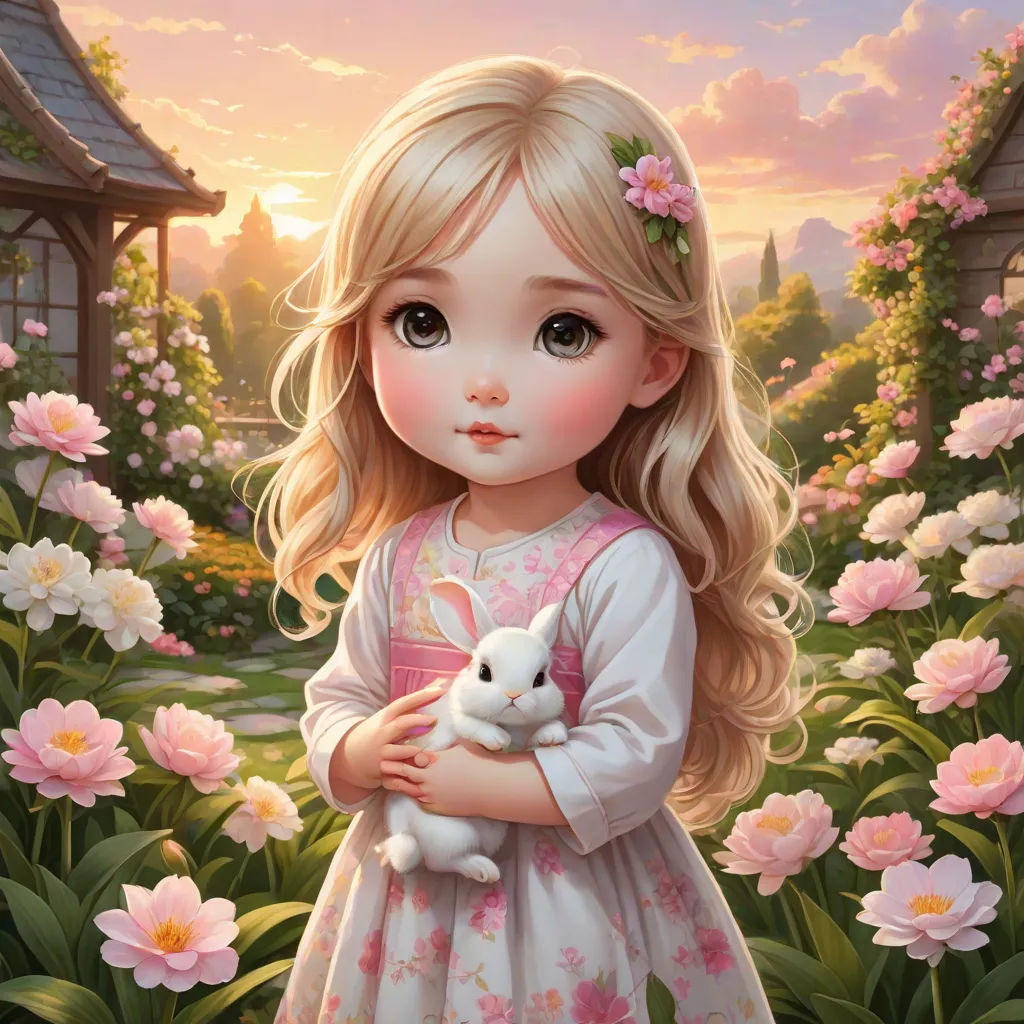 a painting of a little girl holding a bunny in a garden of flowers at sunset with a house in the background, fantasy art, a detailed painting, Alice Prin, anime art