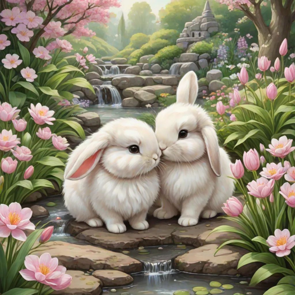 two white rabbits sitting on a rock in a garden with flowers and a waterfall in the background, with a castle in the background, furry art, a detailed painting, Anne Stokes, kinkade