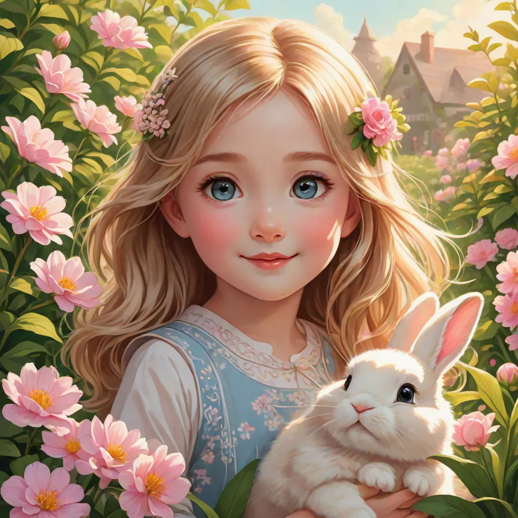 a painting of a girl holding a bunny in a field of flowers with a house in the background and a pink flowered bush, fantasy art, a detailed painting, Alice Prin, anime art