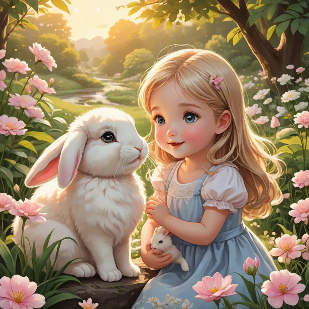 a little girl holding a white rabbit in a field of flowers and trees with pink flowers in the background, fantasy art, a storybook illustration, Alice Prin, official art