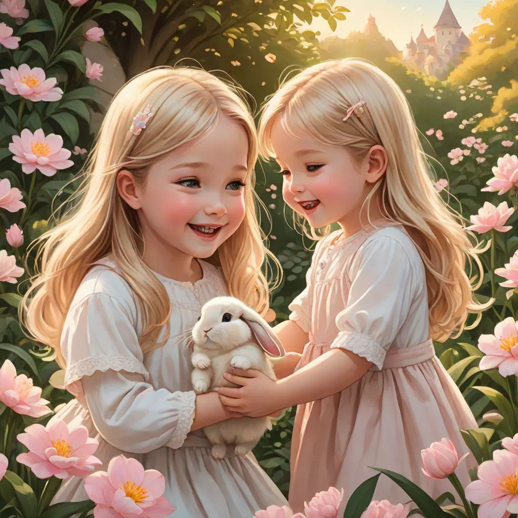two little girls holding a stuffed animal in a field of flowers with a castle in the background and a pink flowered field, fantasy art, a detailed painting, Brothers Hildebrandt, highly detailed digital painting