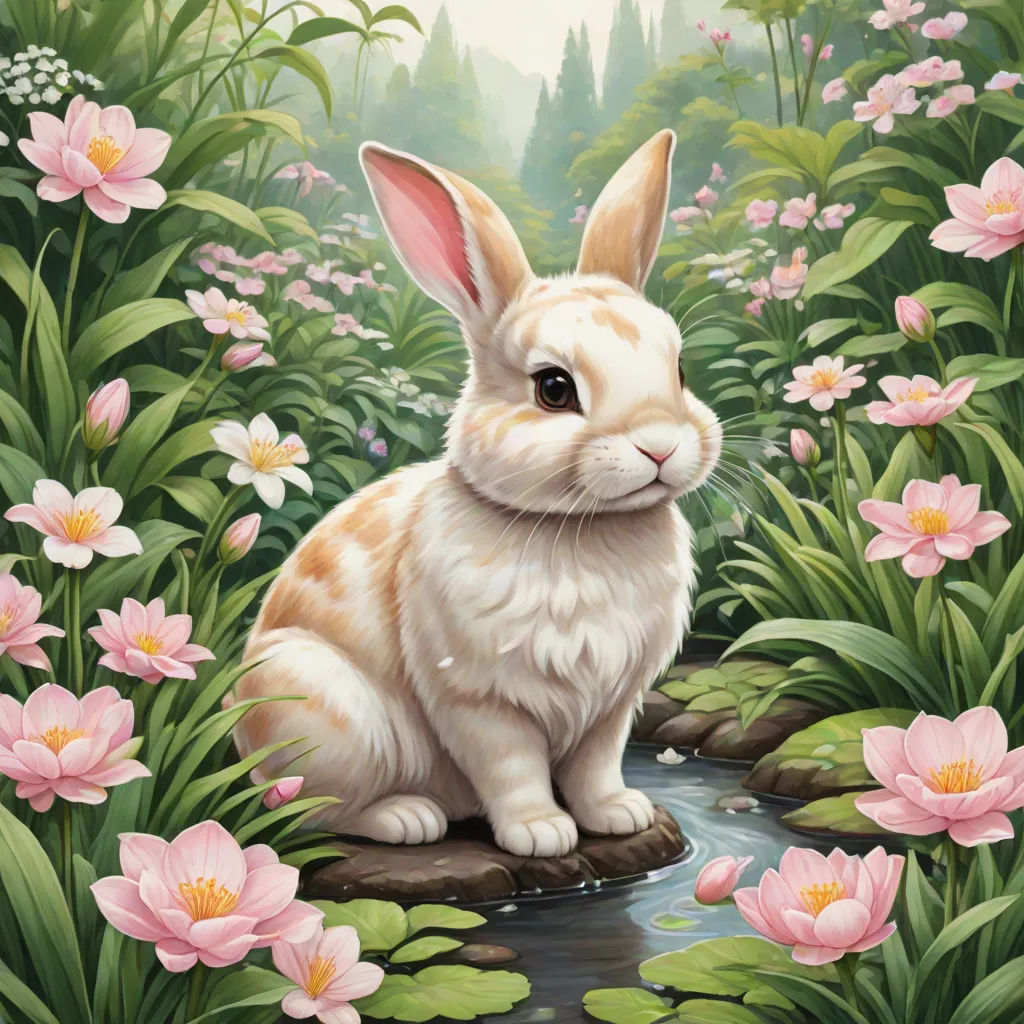 a painting of a rabbit sitting in a field of flowers and lily pads with a stream running through it, fantasy art, an oil painting, Chris LaBrooy, rossdraws global illumination