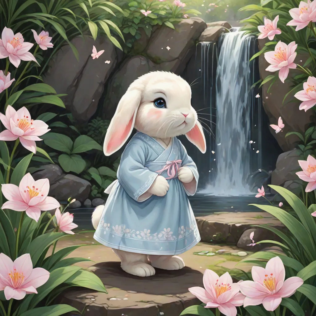 a painting of a bunny in a blue dress by a waterfall with pink flowers and a waterfall behind it, fantasy art, a detailed painting, Beatrix Potter, trending on art station