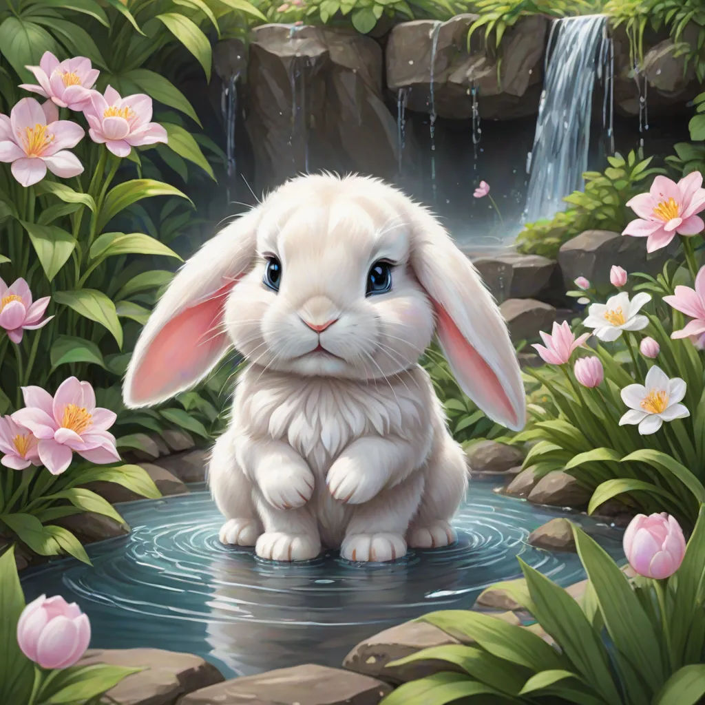 a painting of a white rabbit sitting in a pond of water with pink flowers around it and a waterfall in the background, fantasy art, a detailed painting, Anne Stokes, kinkade