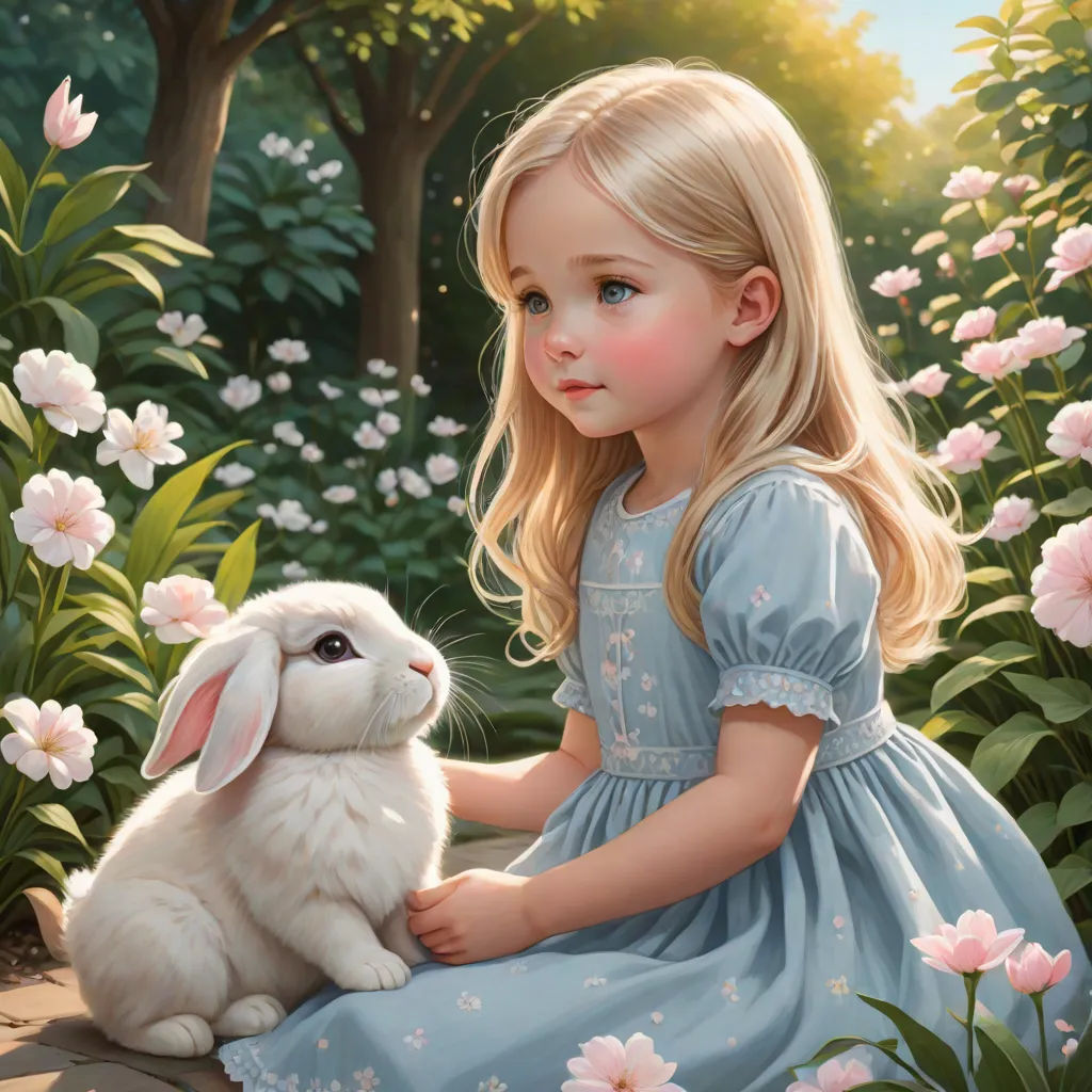a painting of a little girl holding a bunny in a garden with flowers and trees in the background,, fantasy art, a detailed painting, Alice Prin, detailed painting