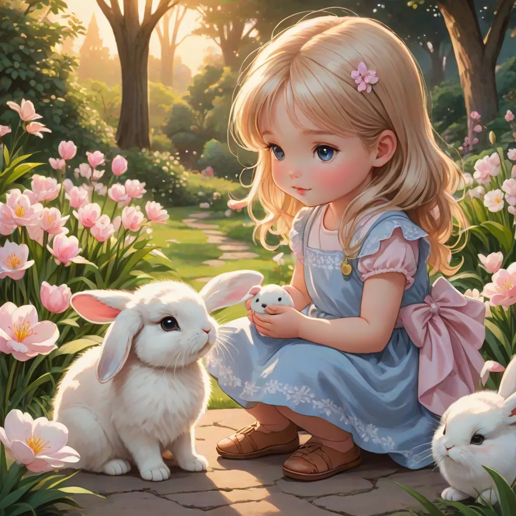 a little girl sitting next to a bunny in a field of flowers with pink flowers in the background and a white bunny in the foreground, fantasy art, a detailed painting, Alice Prin, anime art