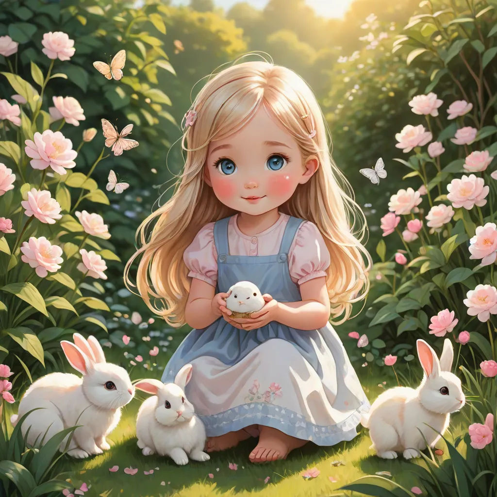 a painting of a little girl sitting in a field with rabbits and flowers in the background, holding a small white rabbit, fantasy art, a storybook illustration, Alice Prin, rossdraws global illumination