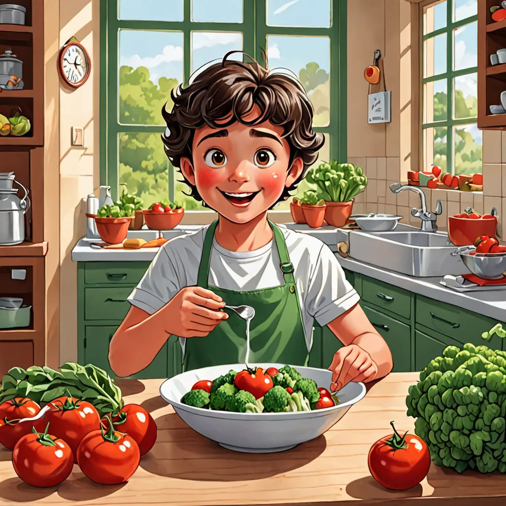 a boy is eating a bowl of vegetables in the kitchen with a large window behind him and a bunch of tomatoes on the counter, Diego Gisbert Llorens, lyco art, a storybook illustration, storybook illustration