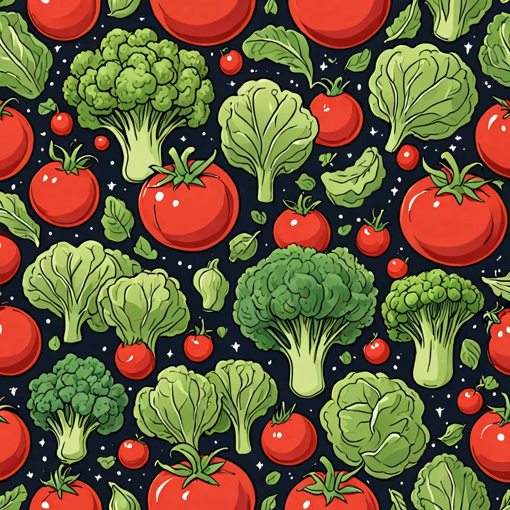 a bunch of different types of vegetables on a black background with stars and dots in the background, all in a pattern, Chris LaBrooy, folk art, a jigsaw puzzle, organic