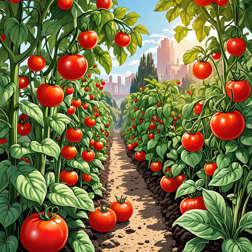 a painting of a garden with tomatoes growing on the vine and a path leading to the building with a clock tower, David A Hardy, synthetism, a detailed matte painting, highly detailed digital art