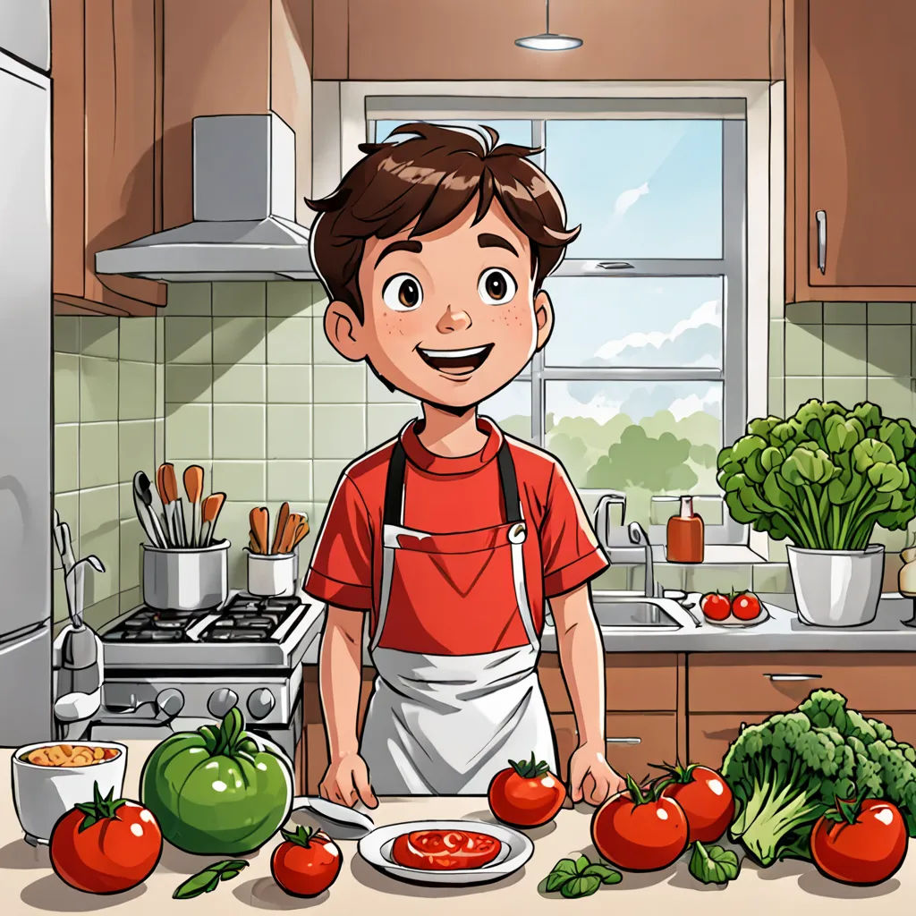a boy in a kitchen with a plate of tomatoes and lettuce on the counter top and a bowl of tomatoes, Diego Gisbert Llorens, lyco art, a storybook illustration, 2 d game art