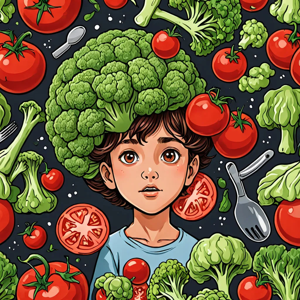 a boy surrounded by vegetables and fruits and vegetables on a black background with a little girl in the middle, Amir Zand, psychedelic art, a storybook illustration, detailed illustration