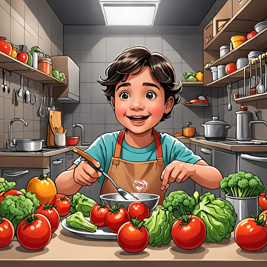 a boy is cooking in a kitchen with lots of vegetables on the counter top and a bowl of broccoli, Diego Gisbert Llorens, lyco art, a storybook illustration, game art