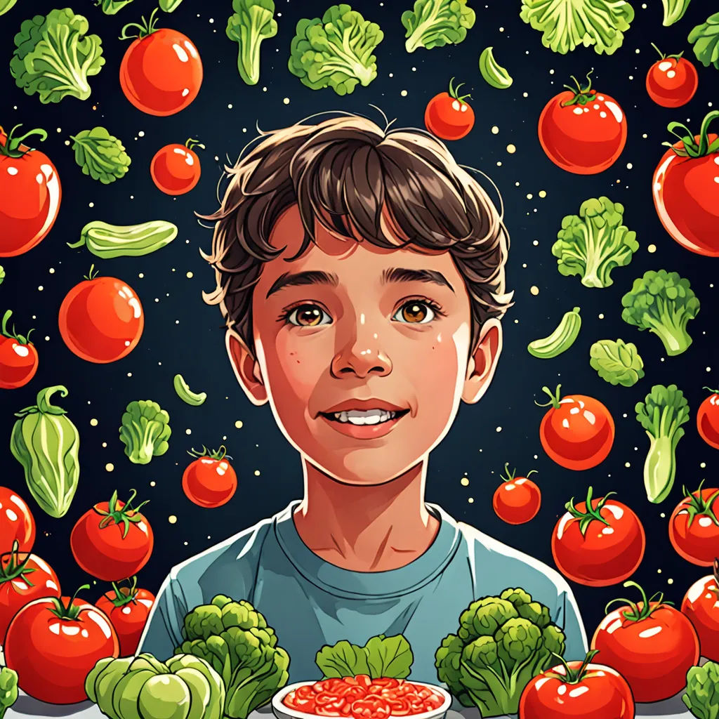 a boy is surrounded by many vegetables and tomatoes, and a bowl of broccoli is in front of him, Diego Gisbert Llorens, lyco art, a storybook illustration, high detail illustration