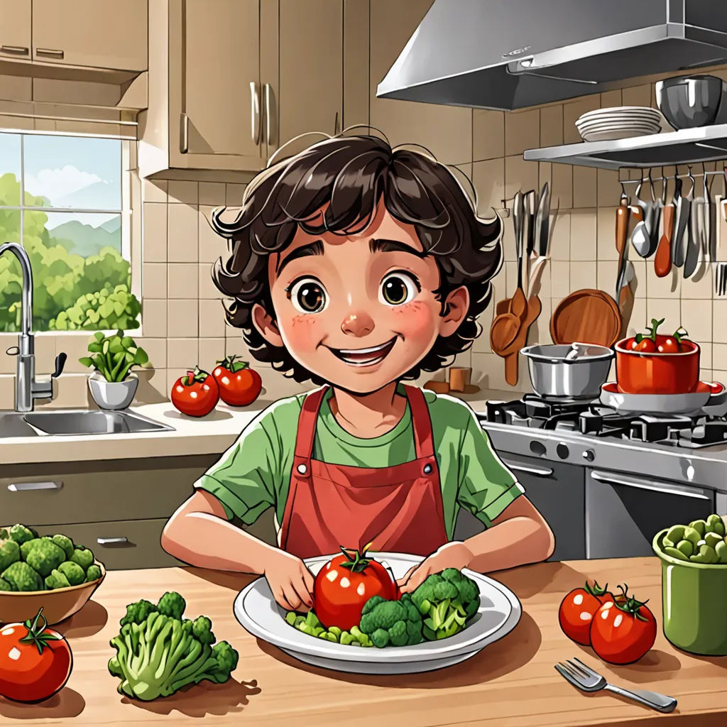 a boy is standing in a kitchen with a plate of vegetables and a bowl of broccoli and tomatoes, Diego Gisbert Llorens, lyco art, a storybook illustration, 2 d game art