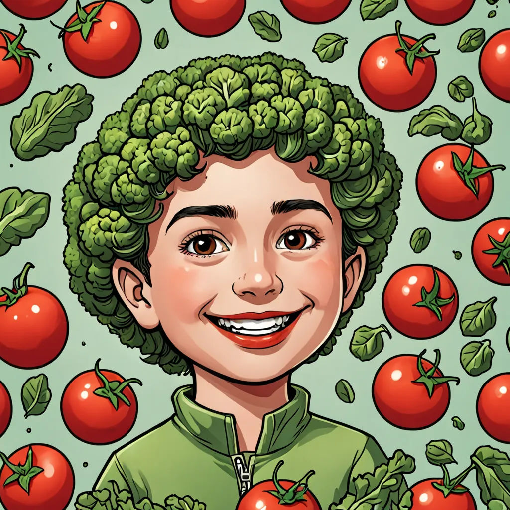 a cartoon of a boy with a bunch of tomatoes around him and a bunch of tomatoes around him, all around him, Diego Gisbert Llorens, lyco art, a character portrait, highly detailed digital art
