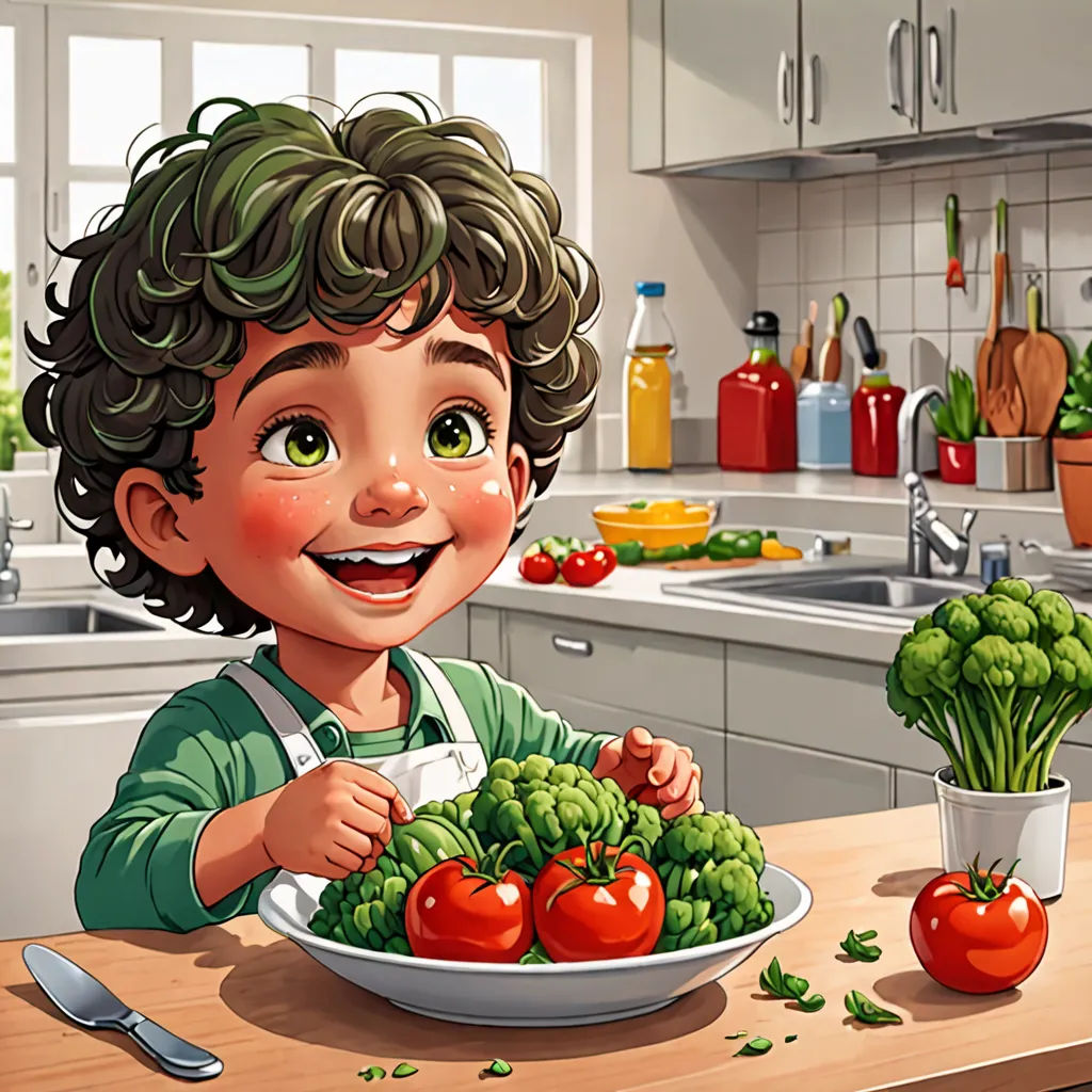 a cartoon boy is eating a bowl of vegetables on a kitchen counter top with a knife and fork in front of him, Diego Gisbert Llorens, lyco art, a storybook illustration, trending on art station