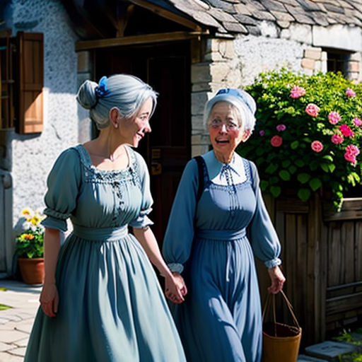 two women in dresses walking down a street together, one holding a basket and the other smiling at the camera