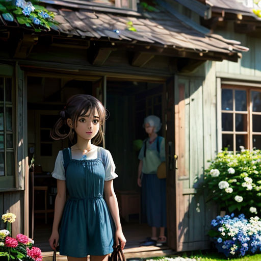 a young girl holding a brown bag in front of a house with a woman standing outside of it and another woman in the background