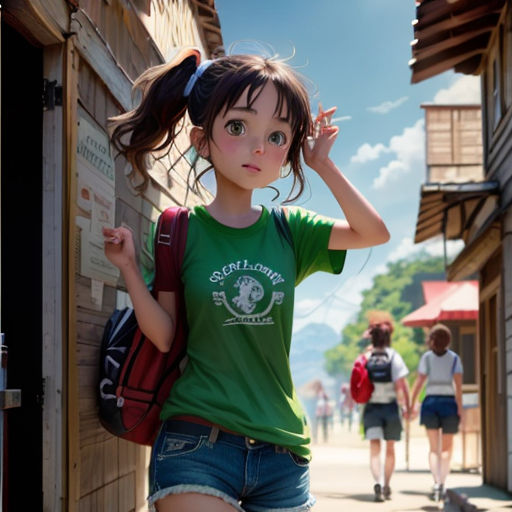 a girl in a green shirt and some people and a building and a street and a person with a backpack