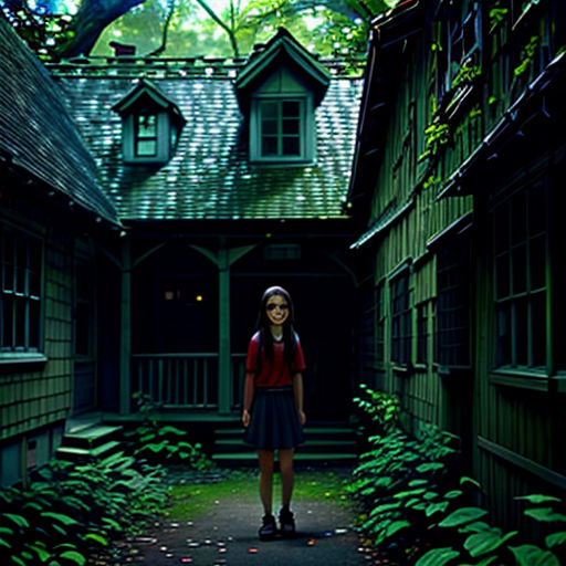 a girl standing in a dark alley between two buildings with a green roof and a green door and window