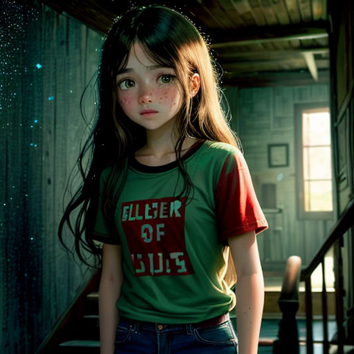 a girl in a green shirt standing in a room with stairs and a window in the background with stars