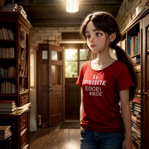 a girl standing in a library with a bookcase full of books behind her and a light hanging from the ceiling