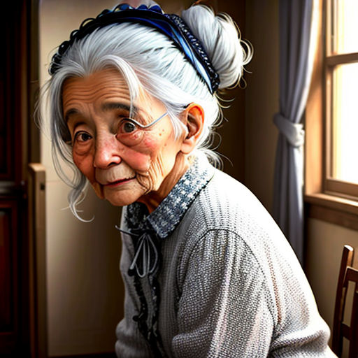 a painting of an elderly woman sitting at a table with a plate of food on it and a knife in her hand