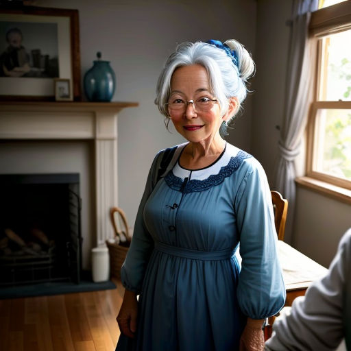 a woman in a blue dress standing in front of a fireplace in a living room with a man sitting at a table