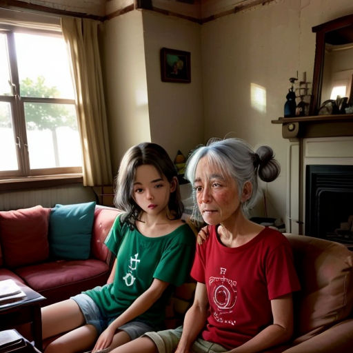 an older woman and a young girl sitting on a couch in a living room together, with a fireplace in the background