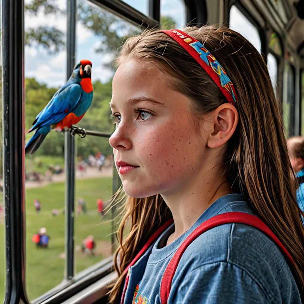 a girl looking out a window at a bird on a stick on her head and a parrot on her shoulder, cloisonnism, a tilt shift photo, Claire Dalby, award-winning photograph