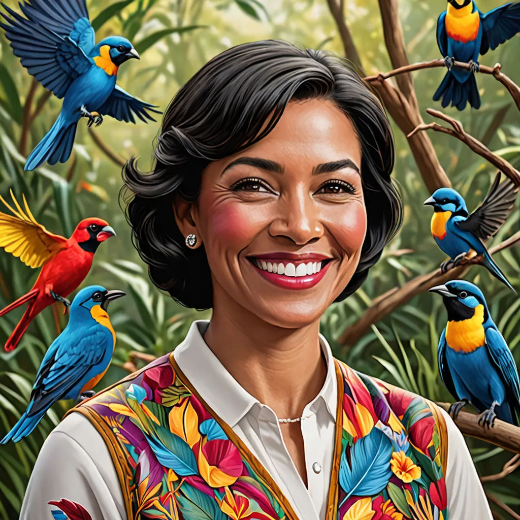 a woman with a bunch of birds on her shoulder and a smile on her face, with a jungle background, cloisonnism, a character portrait, Chris LaBrooy, highly detailed digital painting