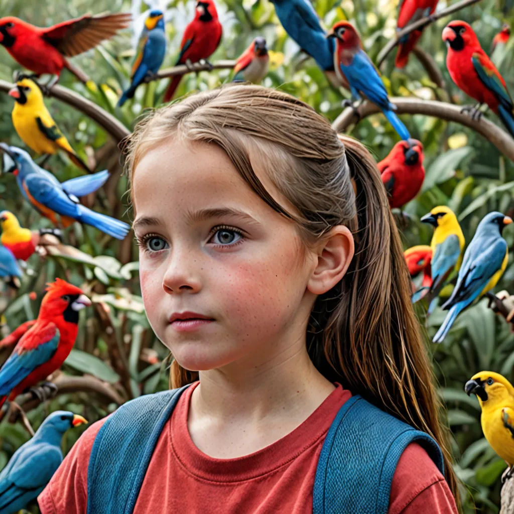 a girl standing in front of a tree with many colorful birds on it's branches and a tree with leaves, ecological art, poster art, Chris LaBrooy, promotional image