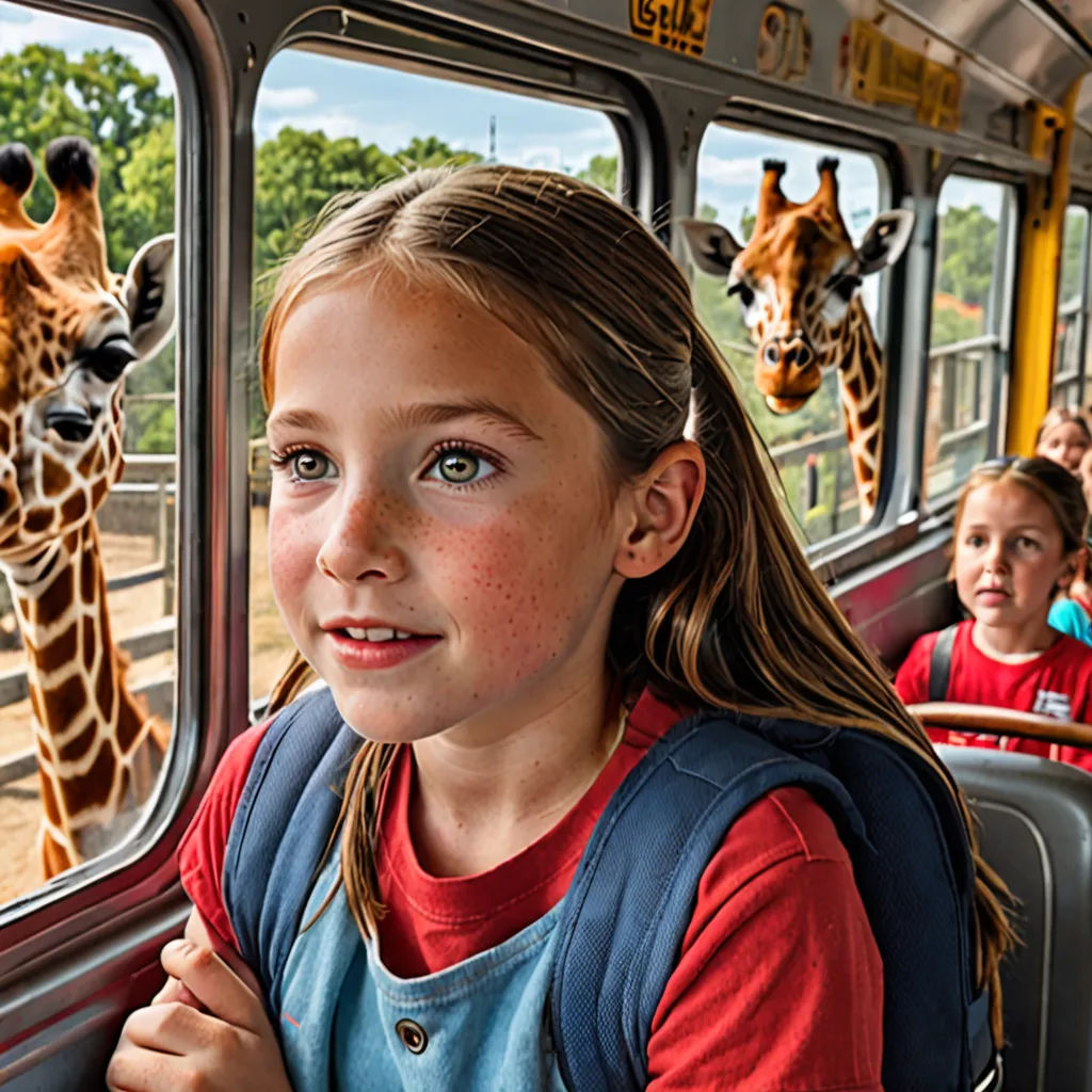 a girl looks out the window of a bus with giraffes in the background and a third girl looks out the window, magical realism, a storybook illustration, Chris LaBrooy, award-winning photograph