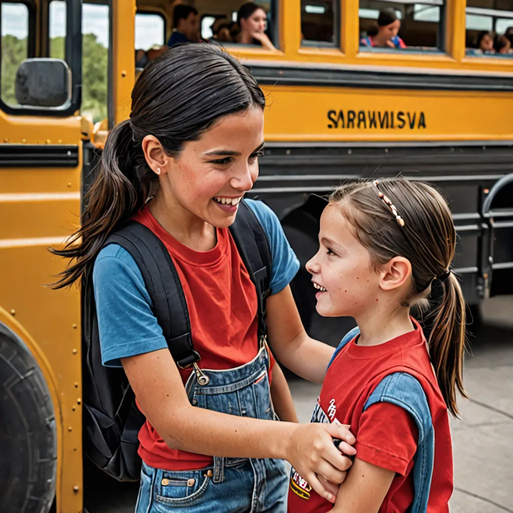 two girls standing in front of a school bus talking to each other while smiling at each other's side, northwest school, a stock photo, Bob Byerley, promotional image