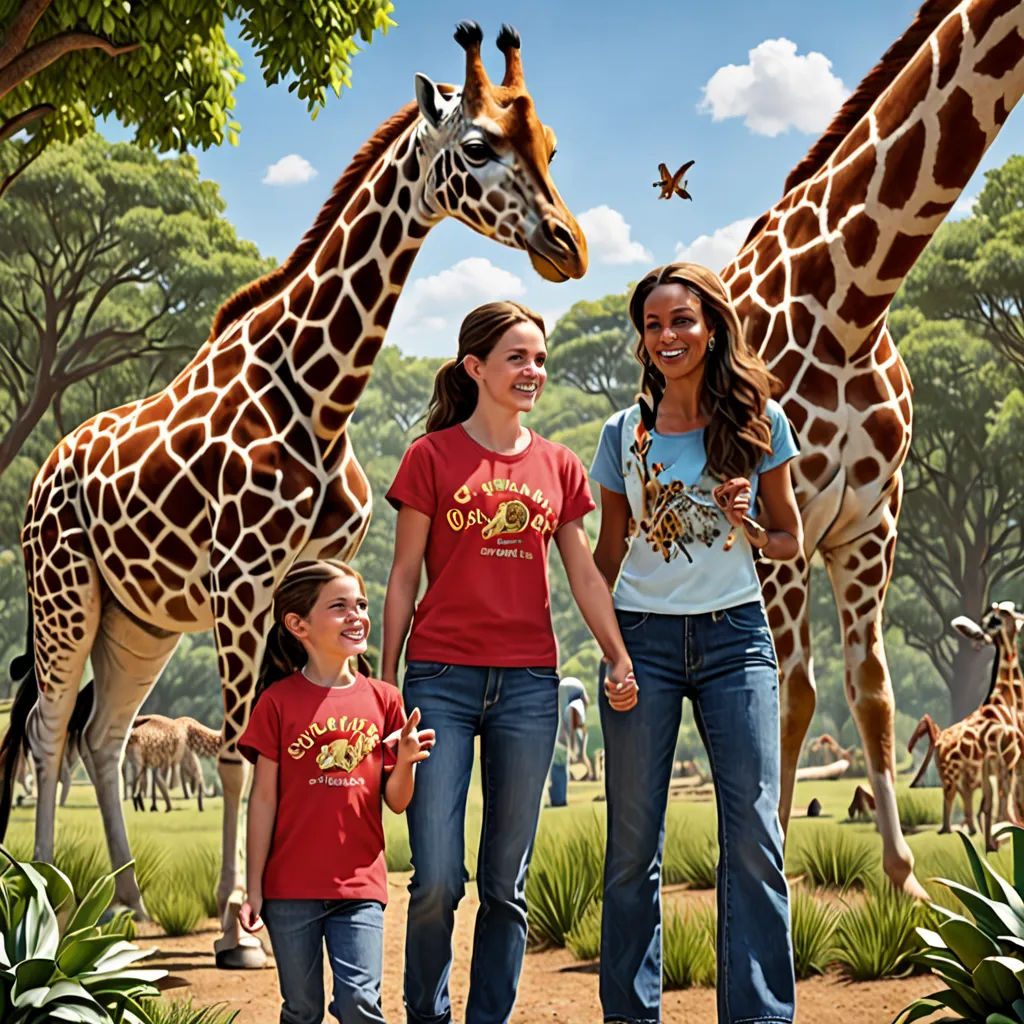 a family of three standing next to a giraffe in a field of grass and trees with a sky background, fantastic realism, a digital rendering, Chris LaBrooy, promotional image