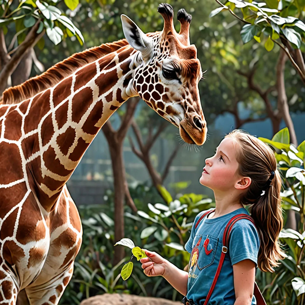 a girl is looking at a giraffe in a zoo exhibit, with a giraffe in the background, naturalism, a stock photo, Daniel Lieske, award-winning photograph