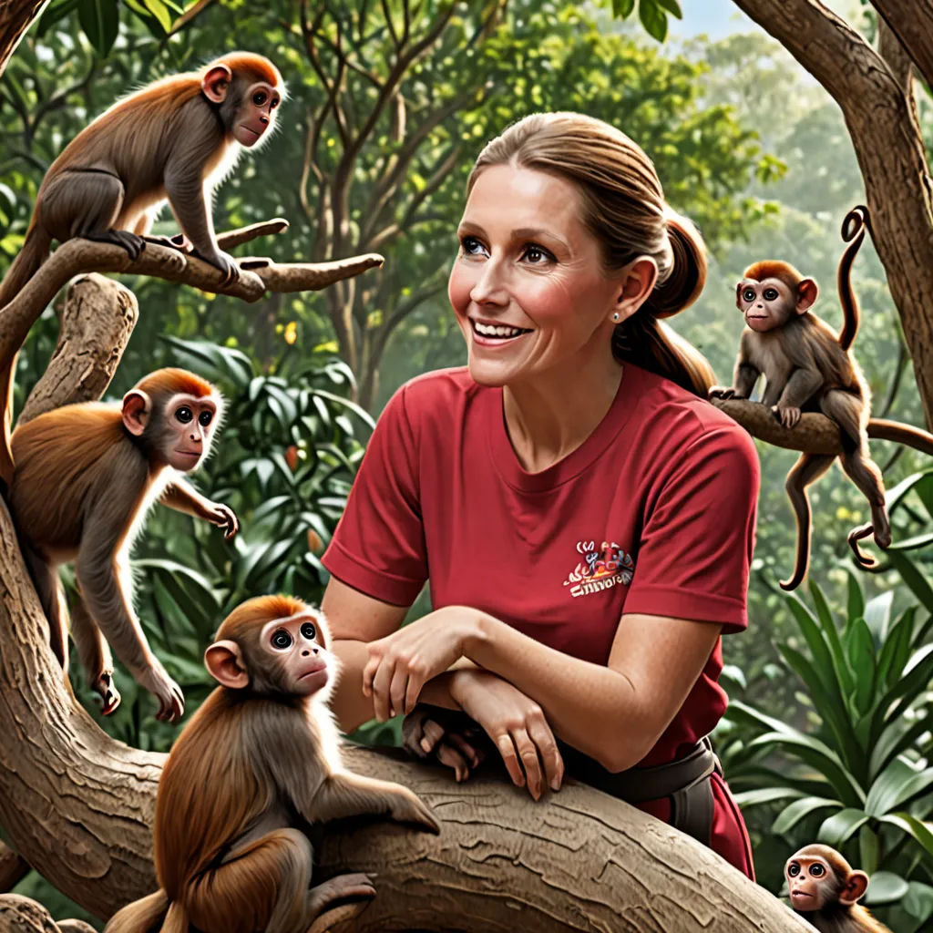 a woman sitting on a tree branch with monkeys in the background and a painting of a woman in a red shirt, fantastic realism, a storybook illustration, Alex Petruk APe, highly detailed digital painting
