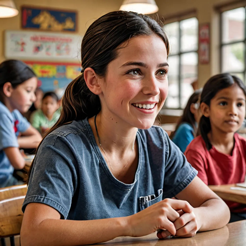 a girl smiling in a classroom with other children sitting at desks in the background and a laptop on the table, vancouver school, a stock photo, Bob Byerley, promotional image