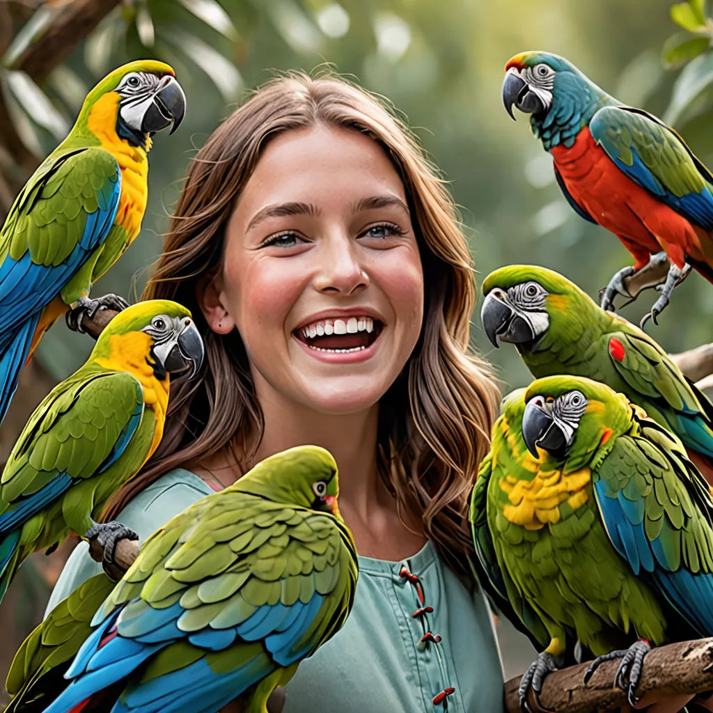a woman is smiling with a bunch of parrots on her shoulder and a bunch of parrots on her shoulder, cloisonnism, a stock photo, Chris LaBrooy, birds