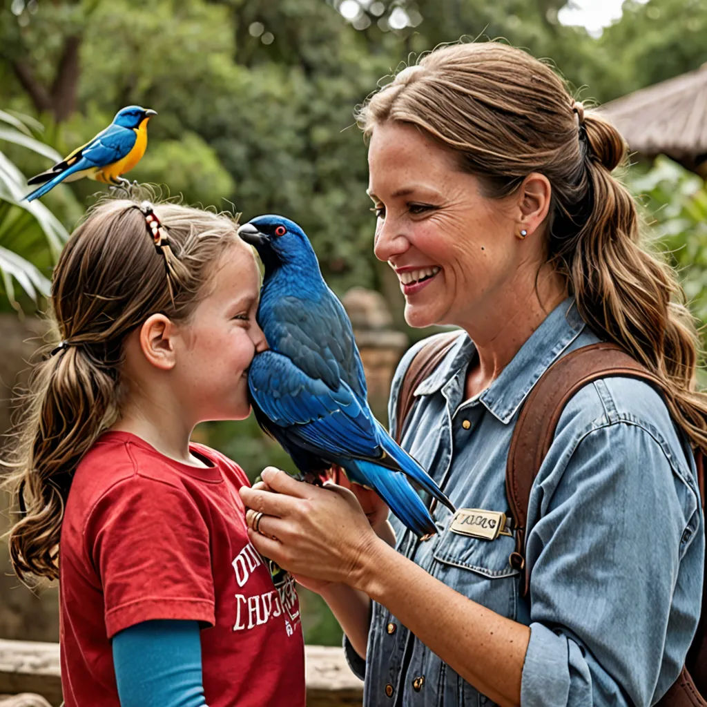 a woman and a girl are holding birds in their hands and smiling at each other while standing in front of a bird enclosure, naturalism, a jigsaw puzzle, Chris LaBrooy, birds