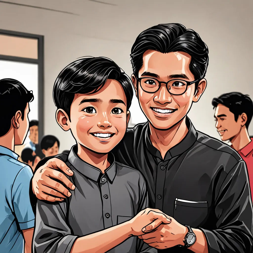 a man and a boy are standing together in a room with people in the background and one is holding the other, lyco art, a comic book panel, Abidin Dino, graphic novel