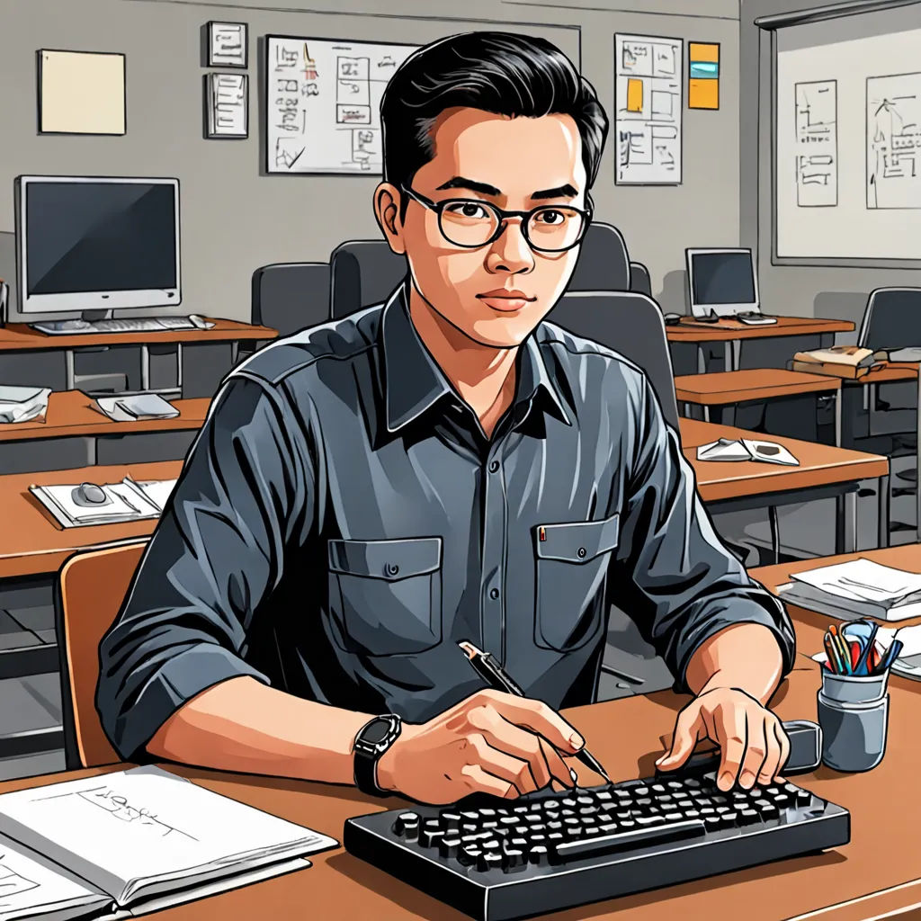 a man sitting at a desk with a keyboard and mouse in front of him, in front of a computer monitor, computer art, computer graphics, Basuki Abdullah, 2 d game art