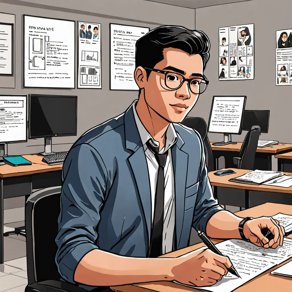 a man sitting at a desk with a pen and paper in front of him and papers in front of him, academic art, a comic book panel, Cedric Seaut (Keos Masons), graphic novel